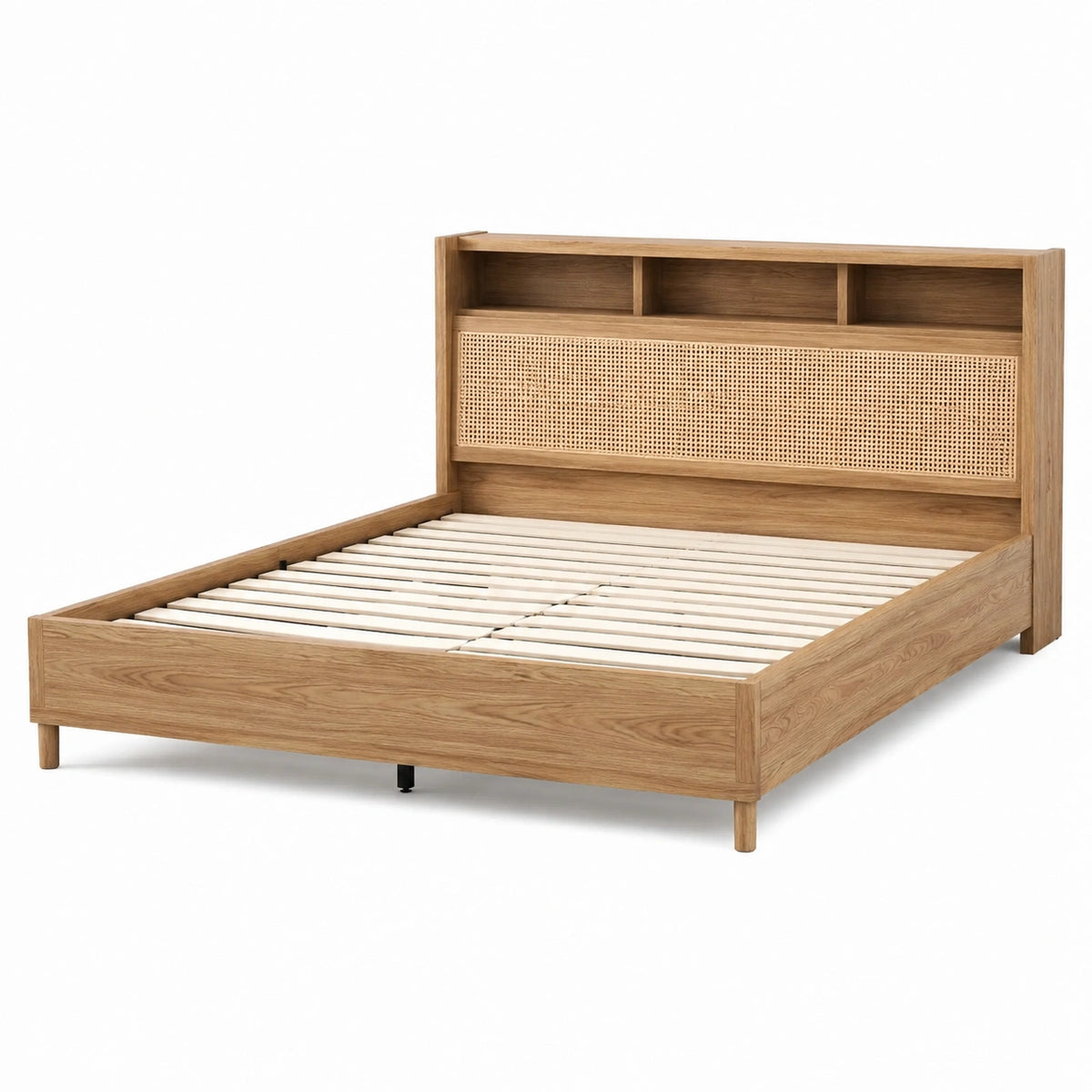 Bettgestell 160 x 200 cm Holz Natur mit Rattan Kopfteil und Lattenrost