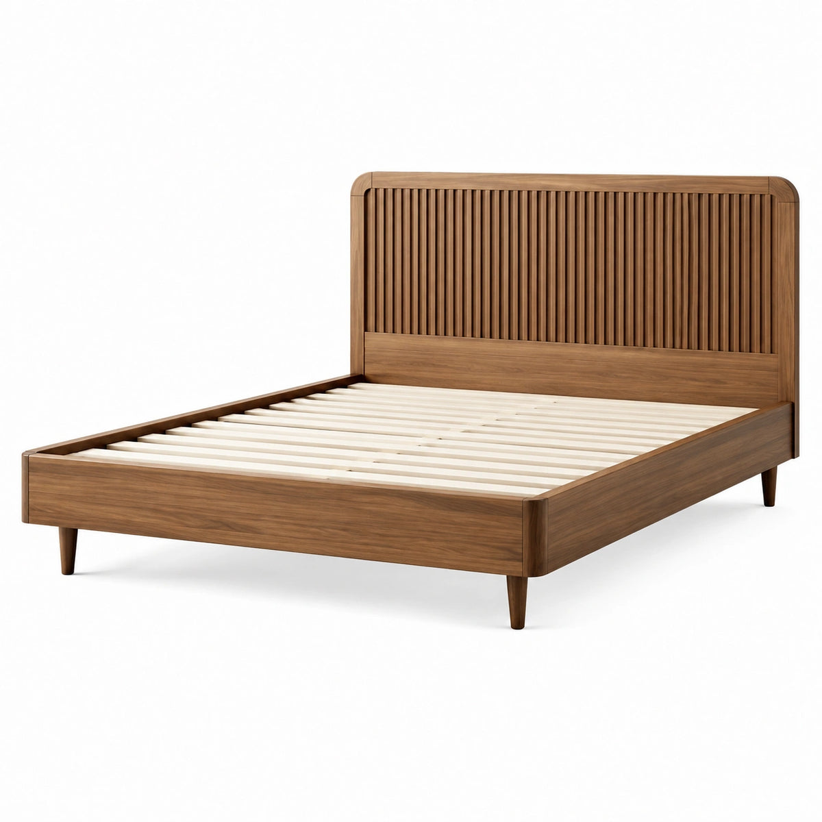 Bettgestell 160 x 200 cm aus Holz in Walnussbraun mit Lattenrost im Mid-Century-Stil