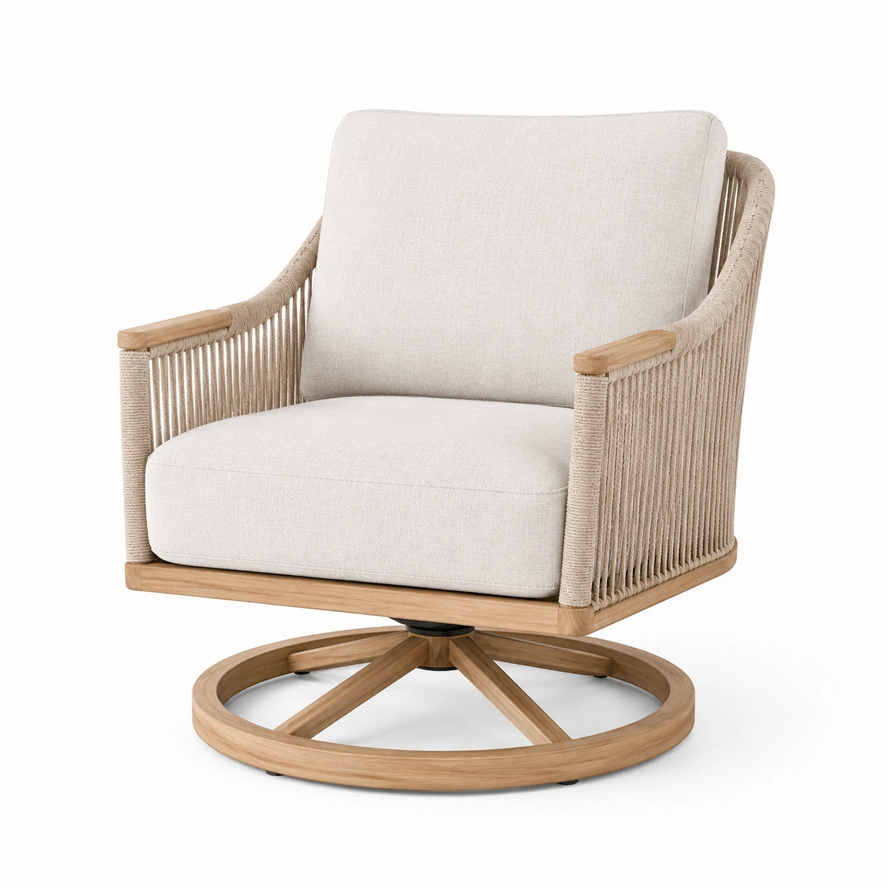 Drehbarer Loungesessel 75 x 82 x 86 cm Beige Holz Seilgeflecht Polsterstoff