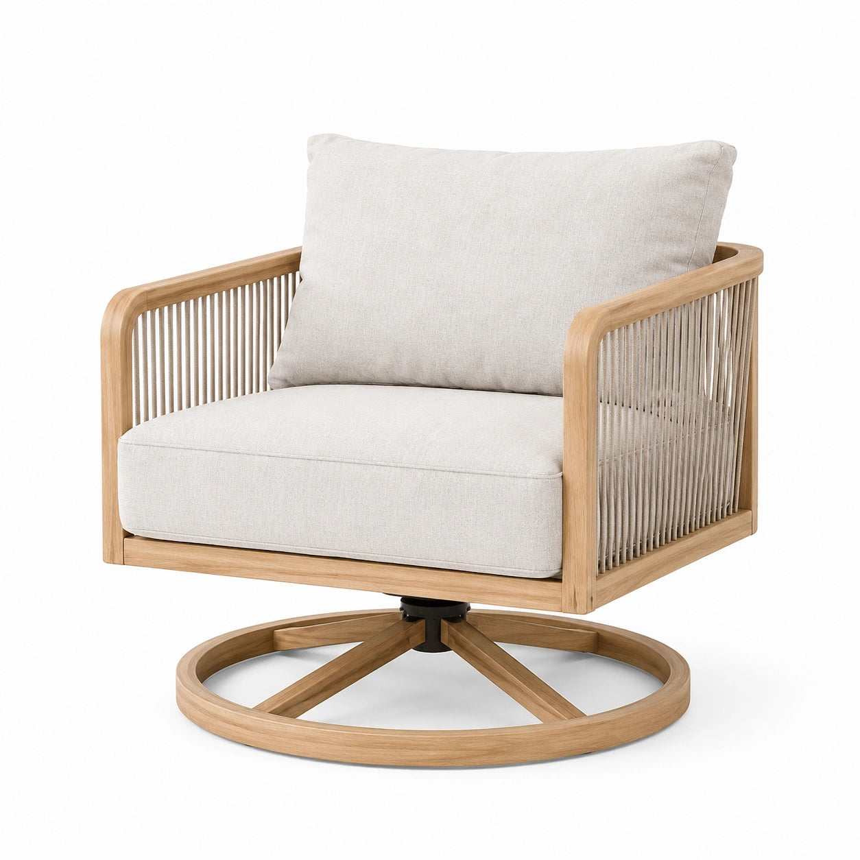 Drehsessel 85 x 85 x 85 cm aus Holz in Naturbeige mit Seilbespannung